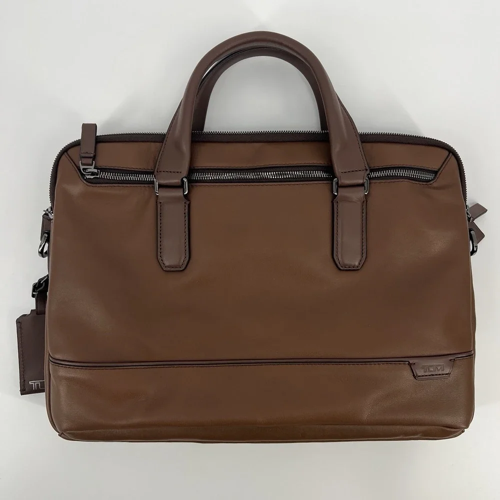 NEW TUMI Harrison SYCAMORE Slim 100% Leather Laptop Brief Briefcase COGNAC BROWN